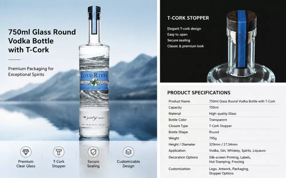 750ml Glass Round Vodka Bottle with T-Cork